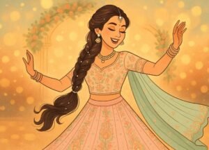 Pastel lehenga-clad Indian bride flaunting a mermaid braid with pearl pins at her sangeet, a trending 2025 Hairstyles on lehenga look, captured in an illustrated joyful moment. 