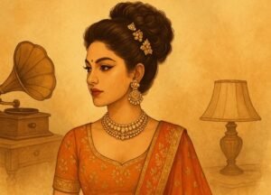 Bride with a vintage curly puff bun decorated with kundan clips — retro glam look