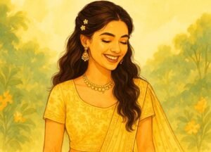 Indian bride in yellow lehenga flaunting a half-up, half-down hairstyle with soft curls