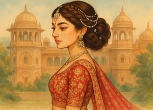 Bride in designer lehenga with a braided crown and side bun, accented by pearl chains — a royal Hairstyle