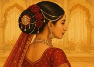 Close-up of a bride with a classic juda adorned with kundan and velvet florals — a timeless Hairstyles on lehenga choice for temple or phera ceremonies.